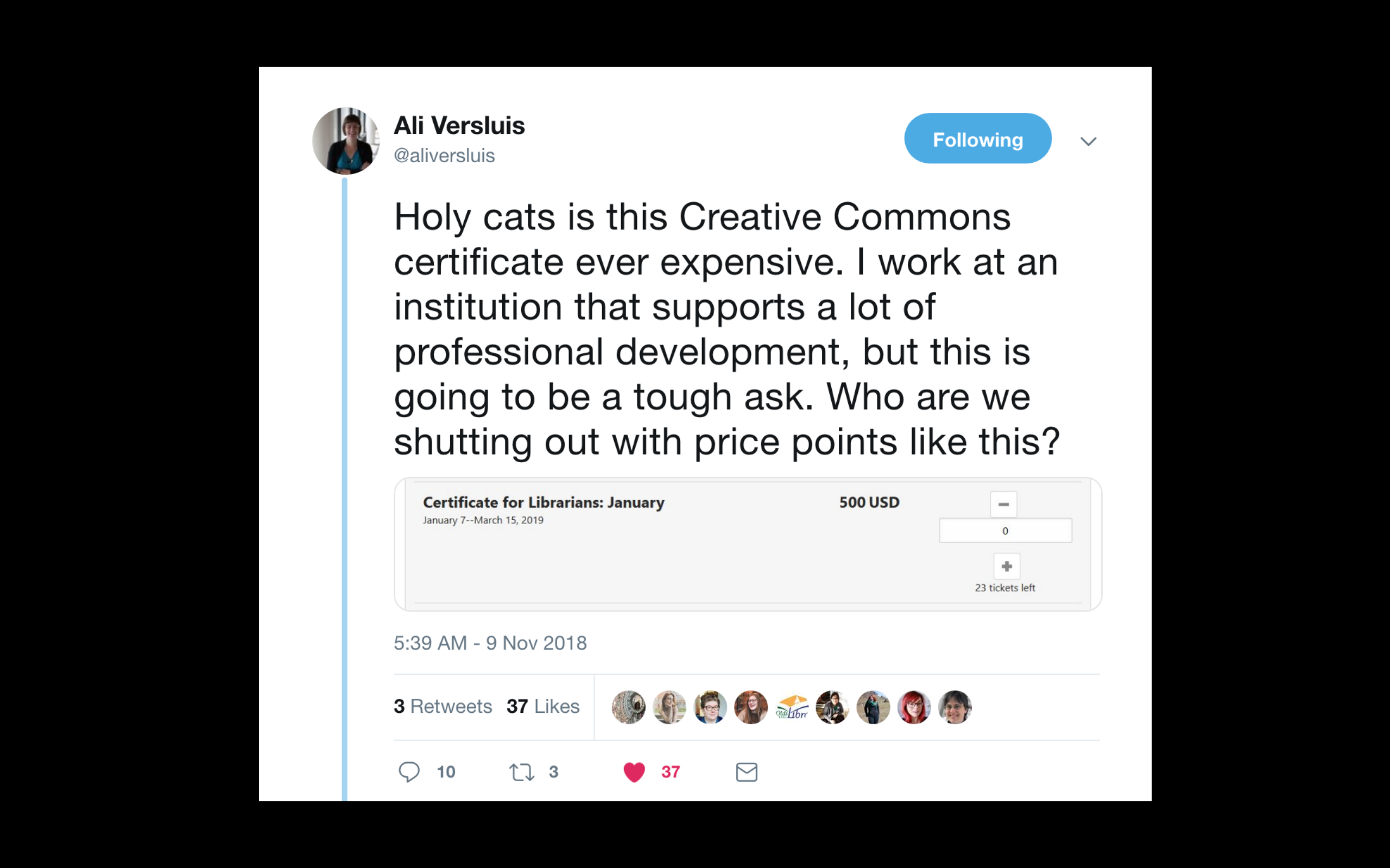 Tweet about the cost of a CC Certification