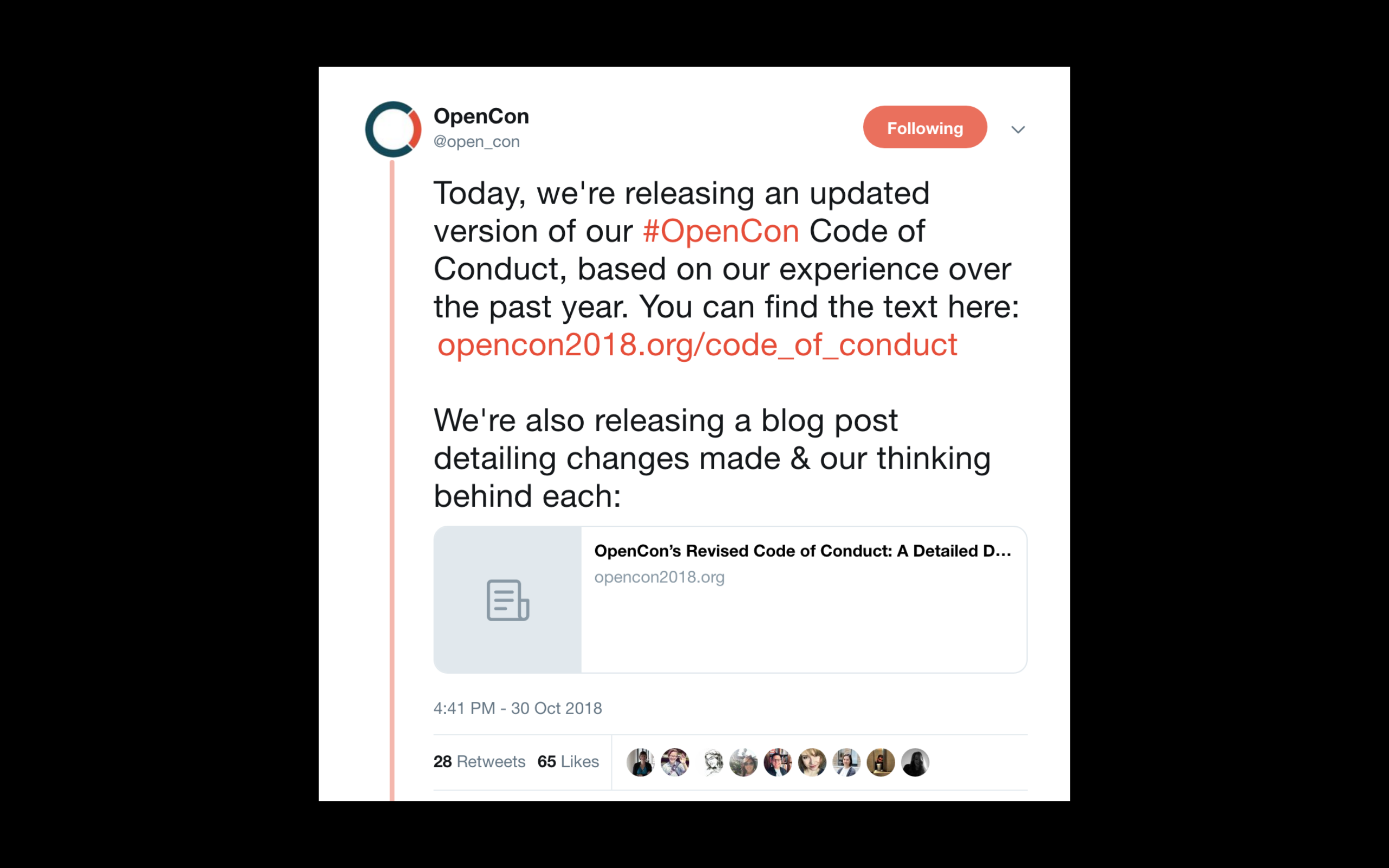 Tweet about the Opencon Code of Conduct