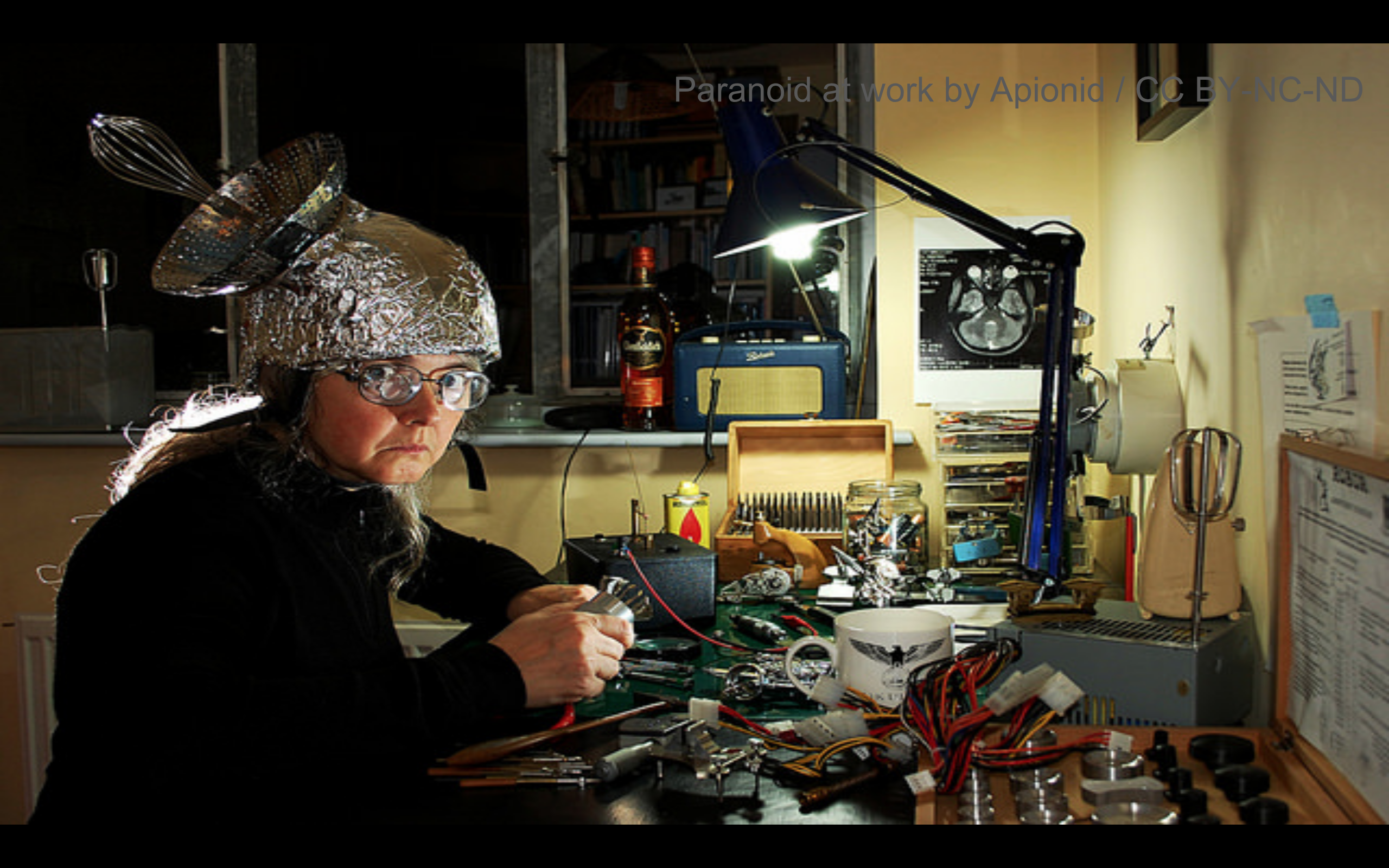 Person wearing a tinfoil hat